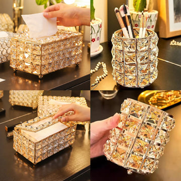 Crystal 2 Pieces Set || Crystal Tissue Box + Crystal Brushes Holder