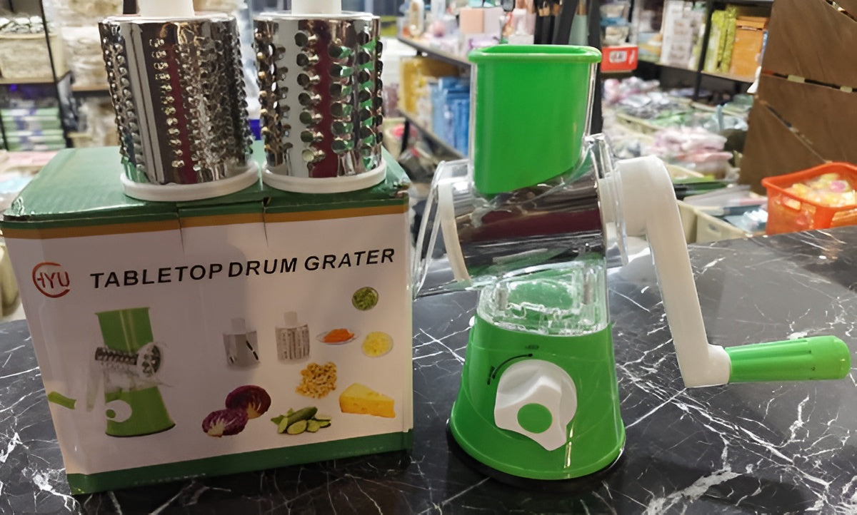 3 in 1 TableTop Drum Grater | Manual Vegetable Cutter Slicer & Grater | Multi-Functional Kitchen Gadget ( Random Color )