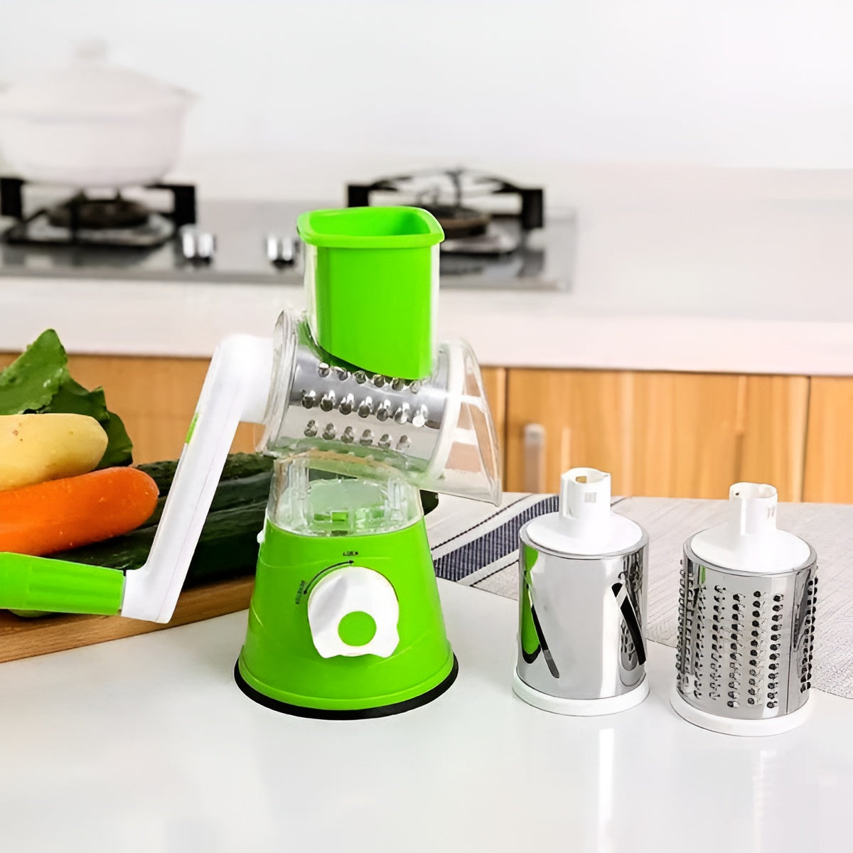 3 in 1 TableTop Drum Grater | Manual Vegetable Cutter Slicer & Grater | Multi-Functional Kitchen Gadget ( Random Color )